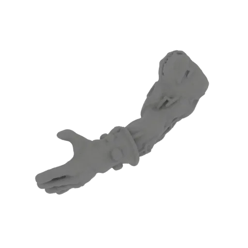 3D model of a detailed gothic arm gauntlet with a worn, battle-hardened appearance, hand in a ready-to-grasp pose.