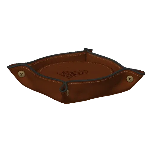 3D model of a brown leather valet tray with a dark embossed logo in the center and visible stitching.