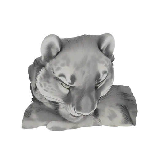 A 3D render of a grumpy snow leopard cub, with detailed fur texture and a displeased expression, resting its head.