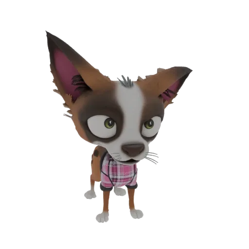 A stylized 3D model of a Chihuahua dog with large green eyes, wearing a pink plaid shirt, against a white background.
