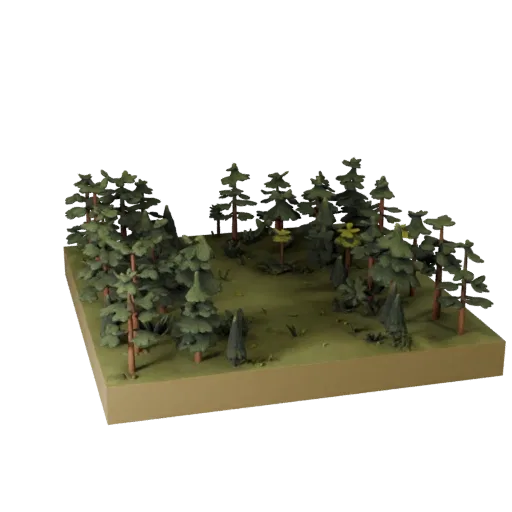 Forest Encounter Diorama Realistic 3D model, three-quarter environment render, showing sculpted terrain, terrain detail.