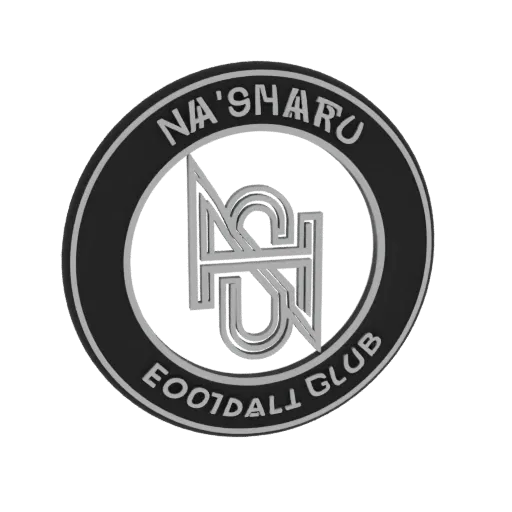 3D model of the Na'sharu Football Club logo, a black circle with silver 'NS' monogram and text 'NA'SHARU FOOTBALL CLUB'.