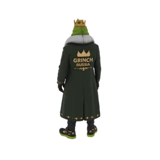 Vista trasera de un modelo 3D del Grinch con corona dorada y abrigo verde oscuro con texto 'GRINCH RUSSIA' en la espalda.