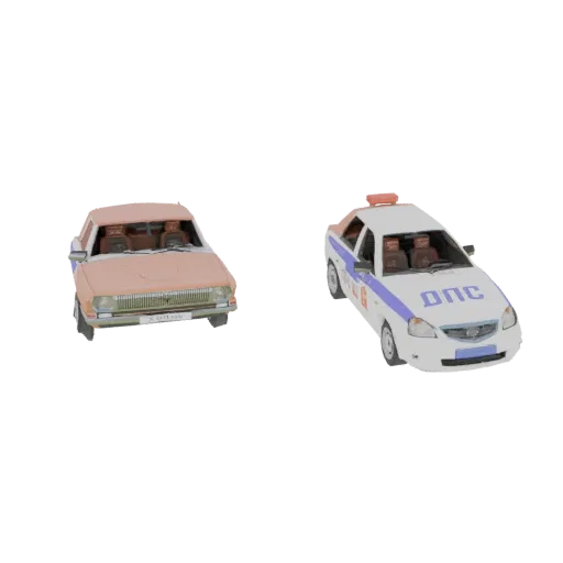 3D-Modelle eines pfirsichfarbenen Autos der Sowjetära und eines weißen Polizeiautos mit blauen und roten Markierungen, auf we