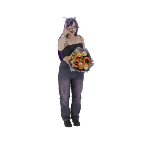 Woman with Purple Hair Holding Flowers