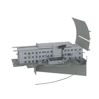 Modello 3D di un moderno edificio ospedaliero a più piani con un'evidente tettoia d'ingresso, renderizzato in scala di grigi.