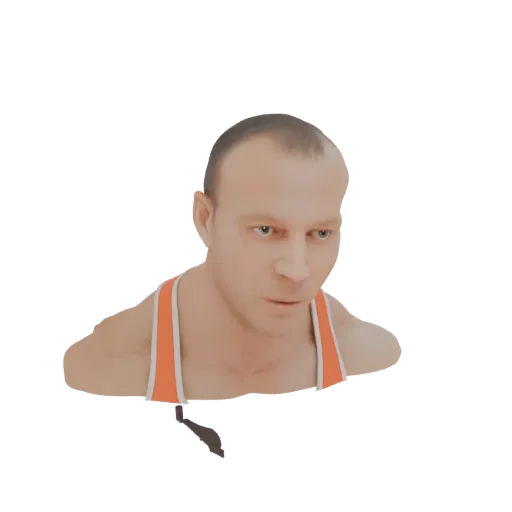 3D model render of a muscular man's bust wearing an orange tank top, looking slightly down and to the side.