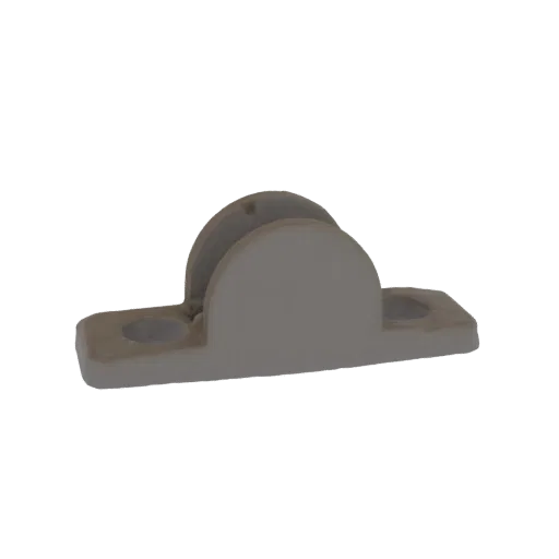Uma renderização 3D de um suporte de plástico cinza em forma de U com dois furos de montagem em sua base, mostrado contra um