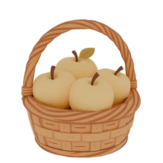 Un render 3D di quattro mele dorate in un cesto intrecciato, su sfondo nero.