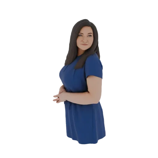 Modèle 3D d'une femme aux longs cheveux sombres, portant une robe bleue à manches courtes, debout en vue de trois quarts.