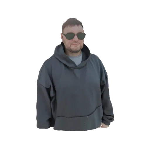 Modelo 3D de hombre con sudadera gris oscura y gafas de sol oscuras, mirando al frente.