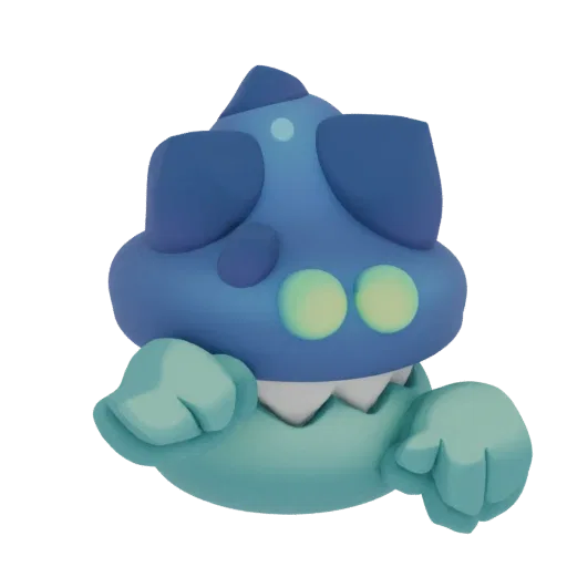 A 3D render of a cute blue mushroom creature with large glowing yellow eyes and a wide mouth, set against a white background.