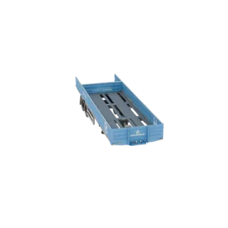 3D model of a blue flatbed trailer, viewed from a slightly elevated side angle, showcasing its open cargo bed and sturdy fram