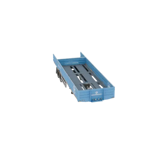 3D model of a blue flatbed trailer, viewed from a slightly elevated side angle, showcasing its open cargo bed and sturdy frame.