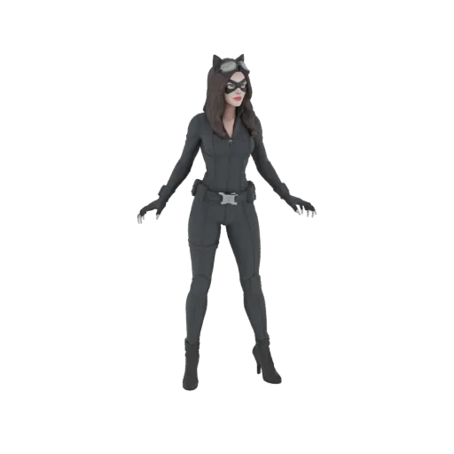 3D model of Catwoman in a black tactical suit, wearing goggles and a mask, standing in a neutral pose.