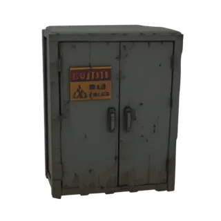 A weathered grey industrial cabinet with double doors, a yellow and red caution sign, and visible signs of wear.