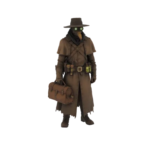 3D-Modell eines Pestdoktors mit Schnabelmaske, langem Umhang und einer medizinischen Ledertasche.