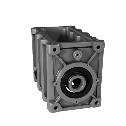 Modello 3D Cassa Riduttore Lavorata, vista profilo laterale, render viewport tecnico, mostra metallo lavorato, dettaglio form