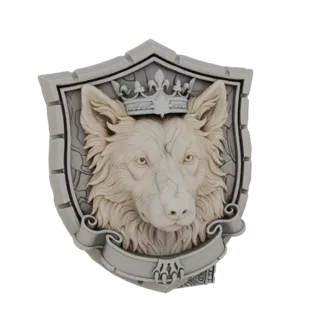 3D model of a wolf head wearing a crown, set on a shield with a blank banner, rendered in a stone-like texture.