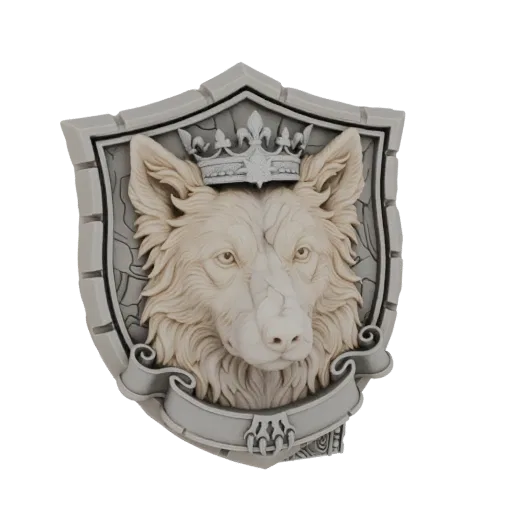 3D model of a wolf head wearing a crown, set on a shield with a blank banner, rendered in a stone-like texture.