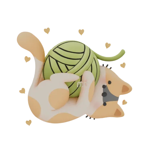 A 3D render of a cute, stylized orange and white cat playfully tangled in a green ball of yarn, with small golden hearts floa