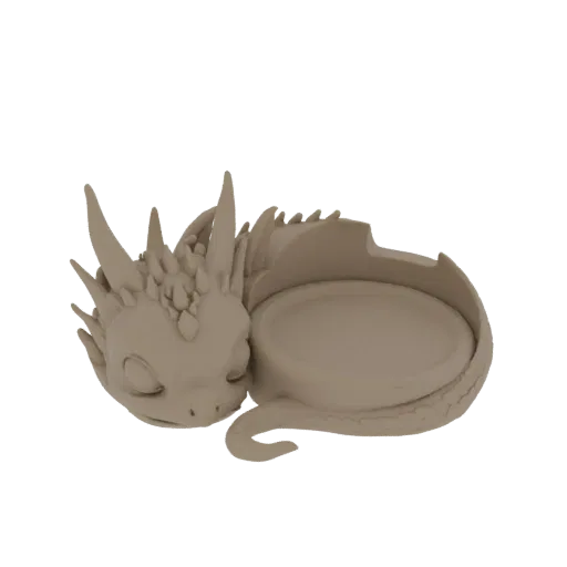 3D model of a sleeping baby dragon curled around a small dish, with detailed scales and cute features.