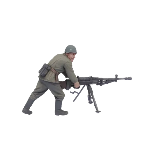 3D model of a WWII soldier in uniform, aiming an MG42 machine gun mounted on a tripod, with a determined expression.