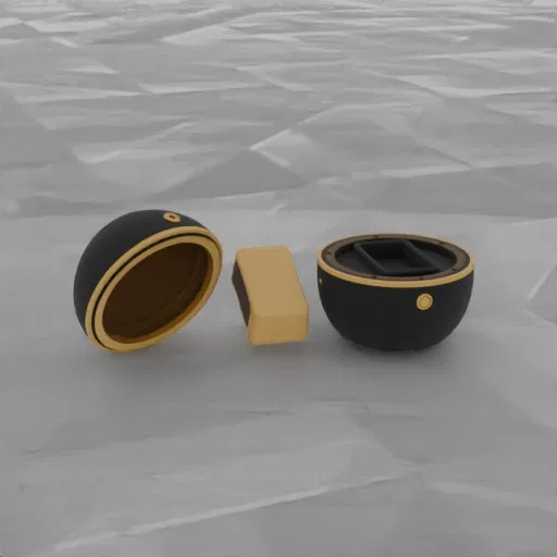 A 3D render of a black spherical container, split open to show a gold interior and a separate gold rectangular insert, set ag