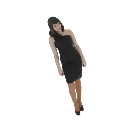 3D model of a woman wearing a black one-shoulder dress, posed elegantly against a white background.
