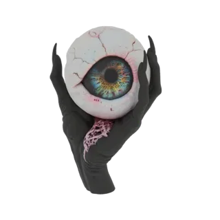 A 3D render of a surreal eyeball with a colorful iris, held by a dark, clawed hand with pink tendrils, against a black backgr
