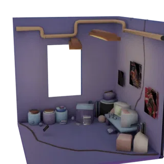 3D model of a retro bedroom corner with a vintage computer, posters, and purple walls.