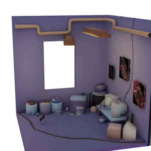 3D model of a retro bedroom corner with a vintage computer, posters, and purple walls.