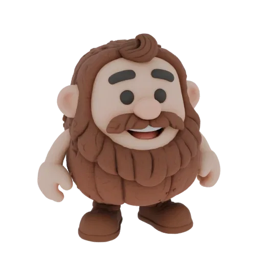 3D model of a Domovoy styled as a clay toy, with a kind smile, beard and mustache, wearing bast shoes, on a white background.