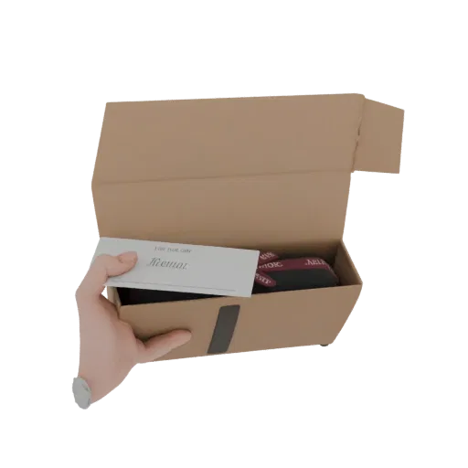 Render 3D de mano sosteniendo tarjeta con texto 'Kremal' dentro de caja de cartón abierta, mostrando revelación de producto.