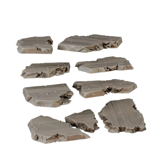 Ruined Stone Slab Scatter Modular 3D model, isometric modular kit view, showing stratified stone, rock faces.