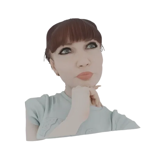 3D model of a young woman with brown hair and striking eye makeup, looking upwards with her chin resting on her hand.