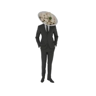 3D model of a man in a dark suit with his hands in his pockets, wearing a white bowl filled with pelmeni as his head.