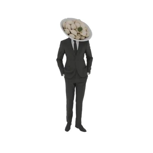 3D model of a man in a dark suit with his hands in his pockets, wearing a white bowl filled with pelmeni as his head.