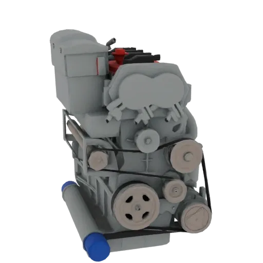 3D model of a V8 engine block with visible drive belts, pulleys, and engine components, rendered in a matte gray finish.