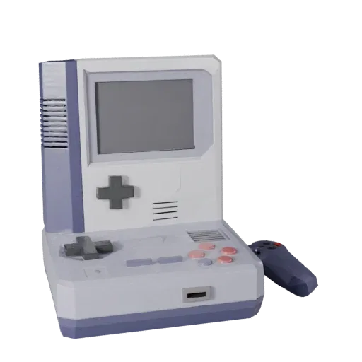 Retro Game Console Low Poly 3D model, game viewport three-quarter view, showing matte plastic, console proportions.