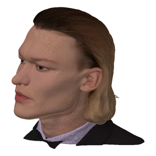 3D model render of a man with light brown hair, wearing a black tuxedo and black bowtie, looking slightly to the side.