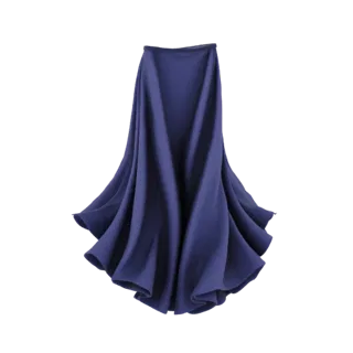 A 3D model of a flowing, deep blue A-line maxi skirt with soft folds and a wide flare, presented on a white background.