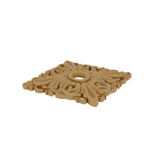 3D model of a square rosette with intricate scrollwork and a central hole, presented on a white background.