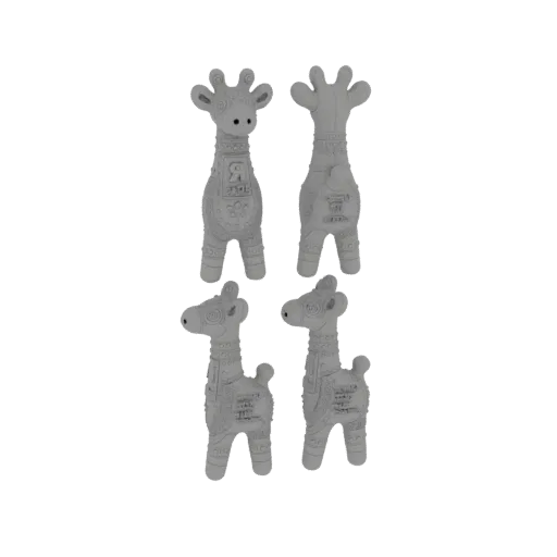 3D model render of a stylized giraffe toy, showing front and back views, with two smaller views of its head and body.