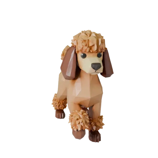Modelo 3D de perro caniche low poly, vista lateral de cámara de juego, asset de animal low-poly con ritmo de patas, volumen d