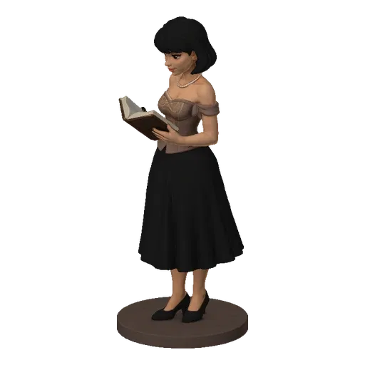 3D model of a vintage woman with black hair, wearing a corset-style top and black skirt, reading a book, standing on a circul
