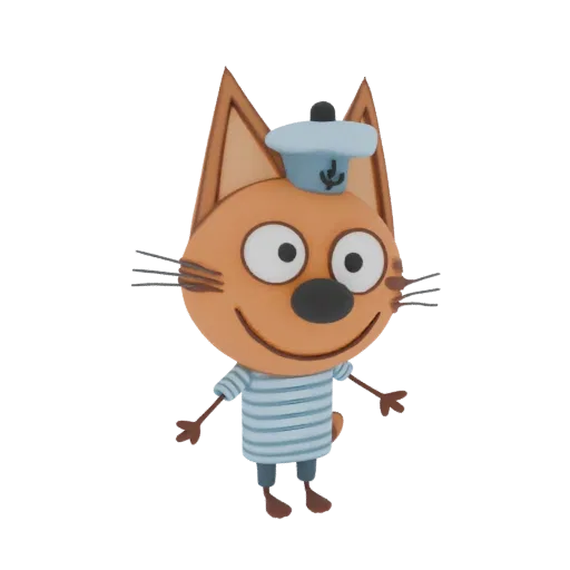 Modelo 3D de un gato de dibujos animados con uniforme de marinero, con camisa a rayas y gorra de marinero, con expresión amig