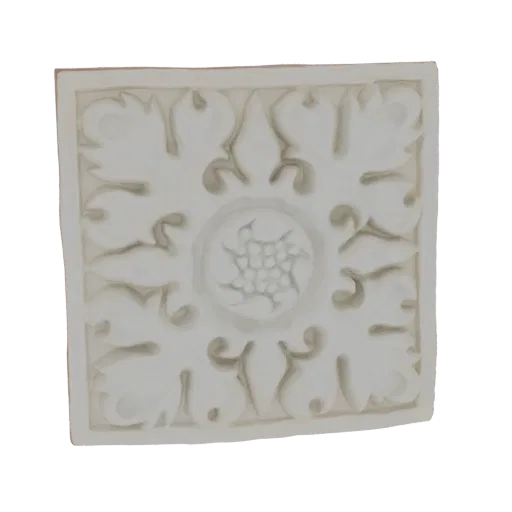 3D model of a square decorative tile with an embossed floral pattern, featuring a central flower-like motif and surrounding a