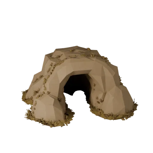 Cave Entrance Terrain Low Poly 3D model, game viewport three-quarter view, showing sculpted terrain, built remnants.