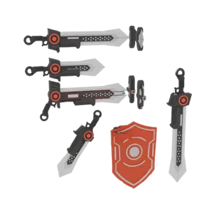 Una renderización 3D de un set de espada y escudo de ciencia ficción, con dos espadas y un escudo con diseños futuristas y ac